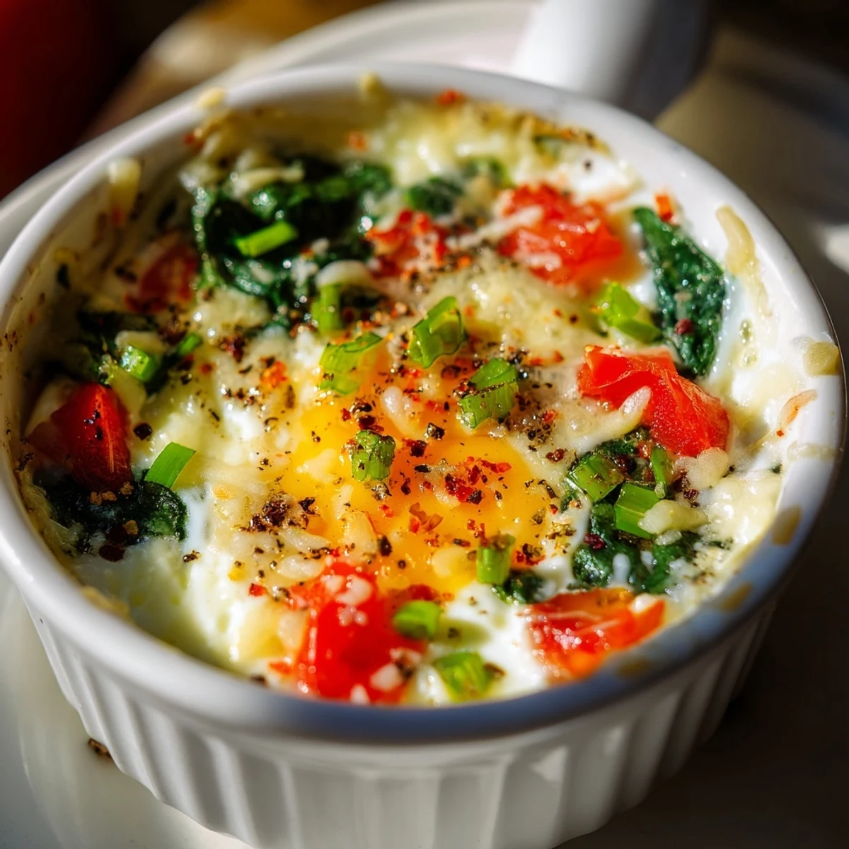 Golden baked cottage cheese eggs with melted cheese topping and fresh spinach in individual ramekins