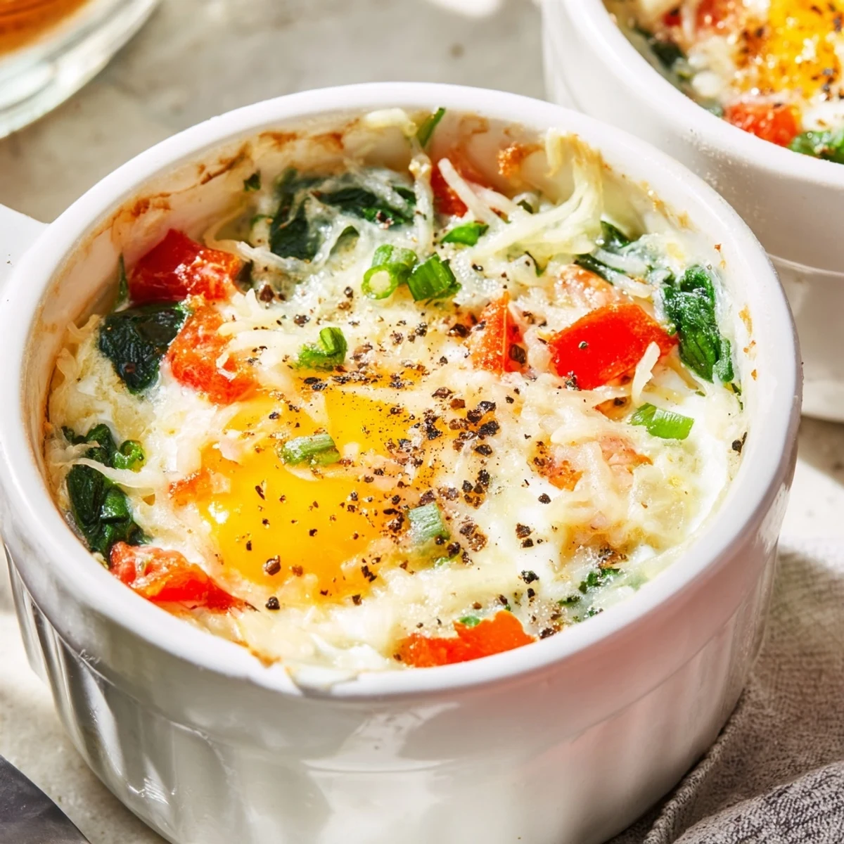 Wholesome breakfast baked cottage cheese eggs with diced tomatoes and paprika sprinkled on top