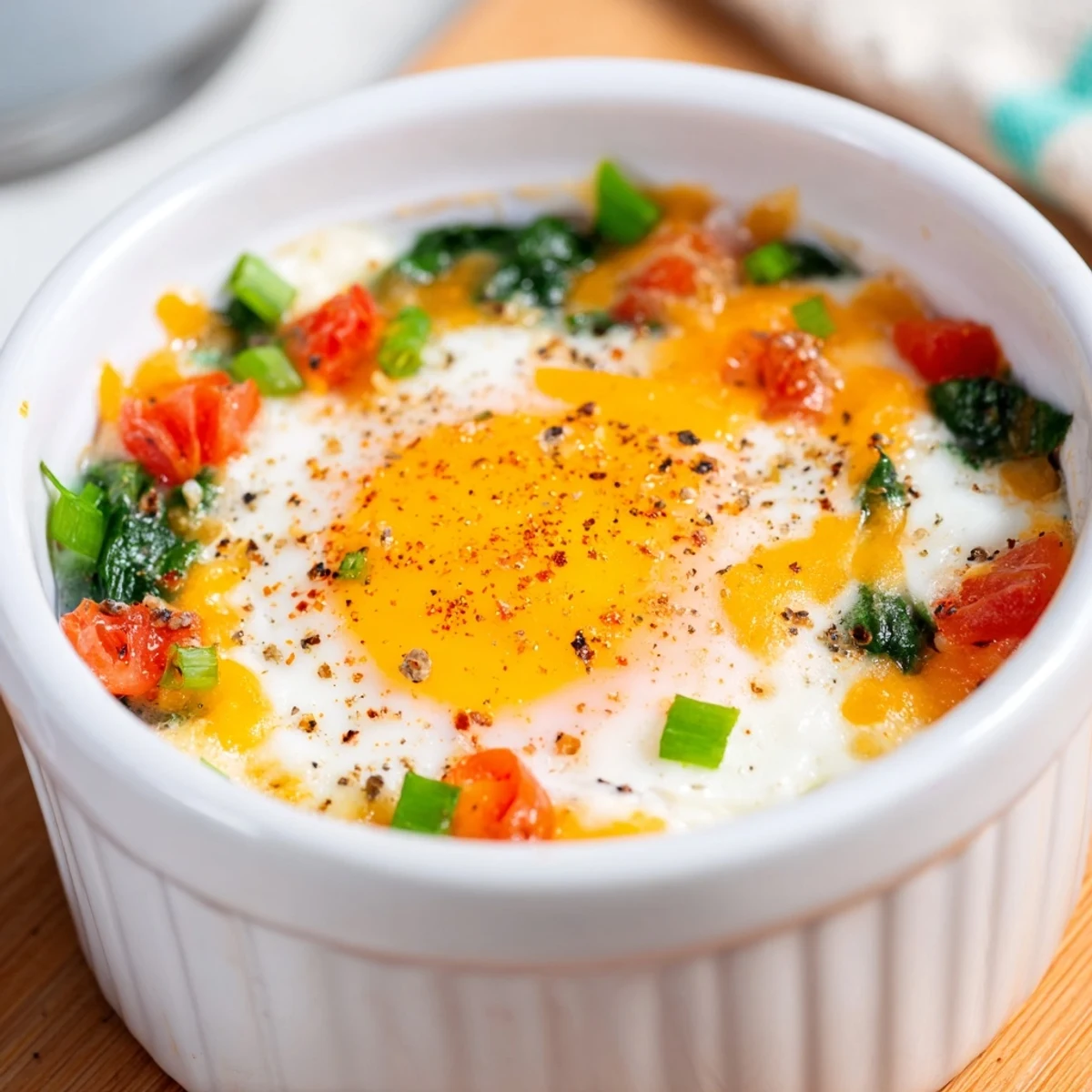 Creamy high-protein baked cottage cheese eggs featuring runny yolks and vibrant green scallions
