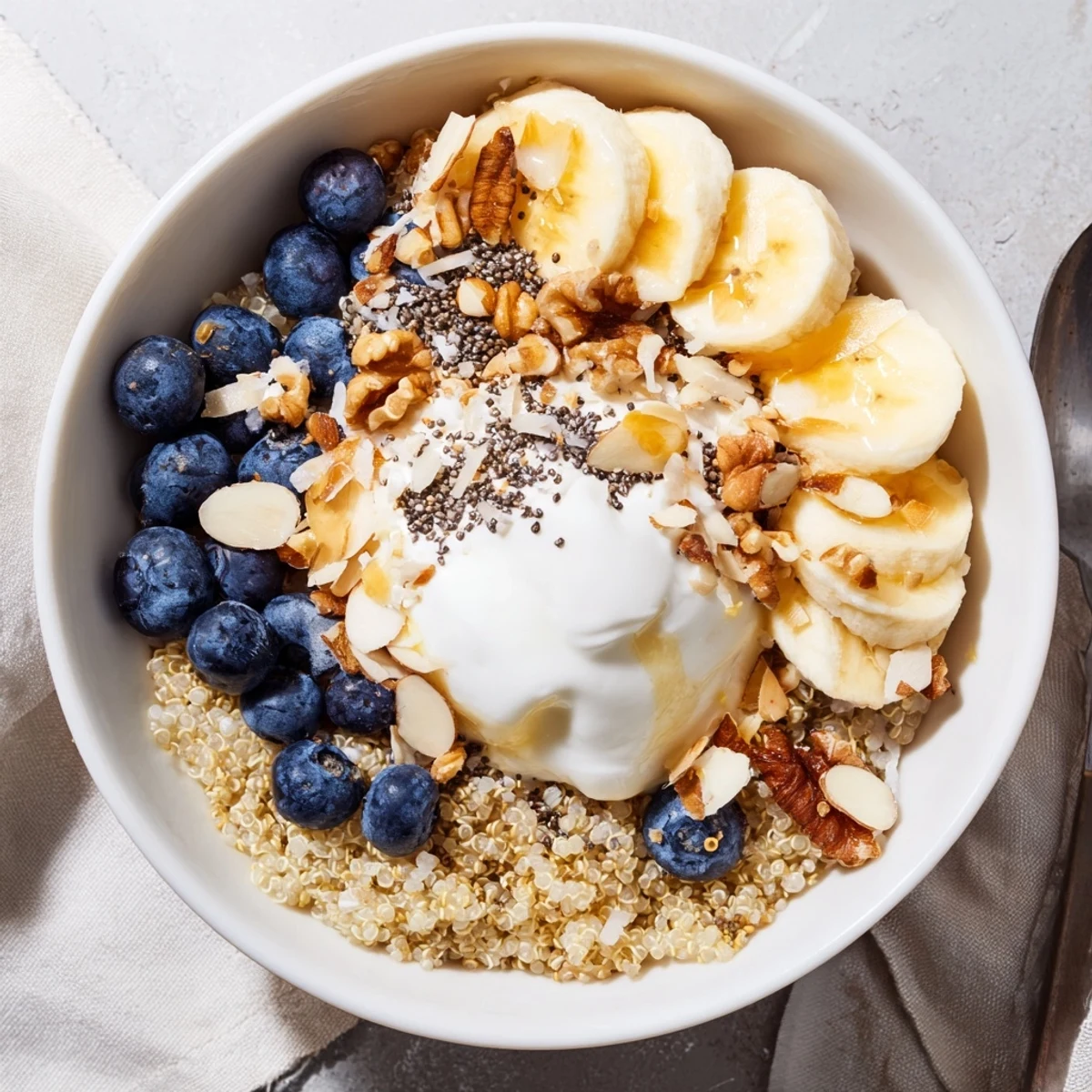 Colorful blueberry quinoa breakfast bowl topped with fresh banana slices and crunchy almonds