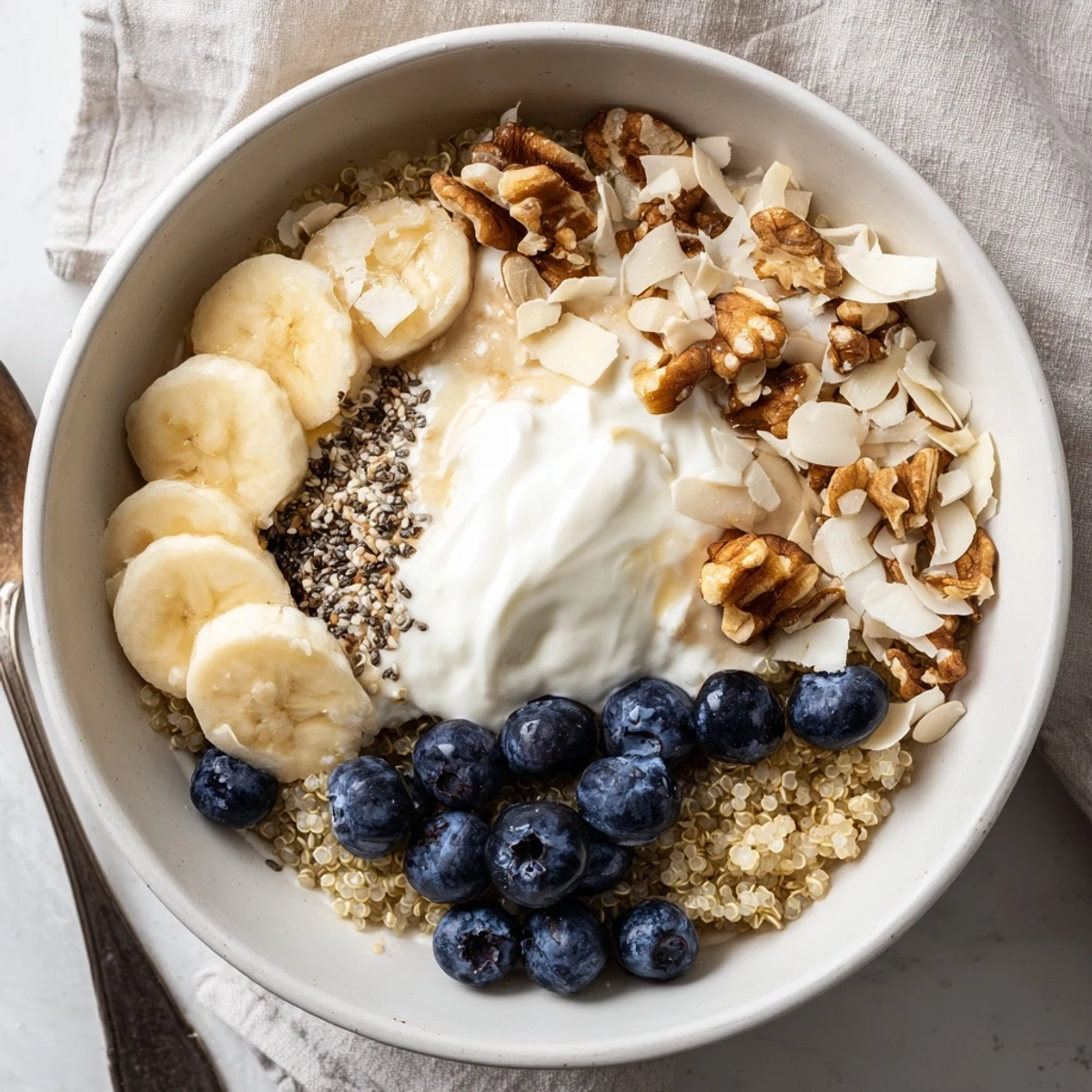 Creamy Greek yogurt blueberry quinoa breakfast bowl sprinkled with chia seeds and coconut