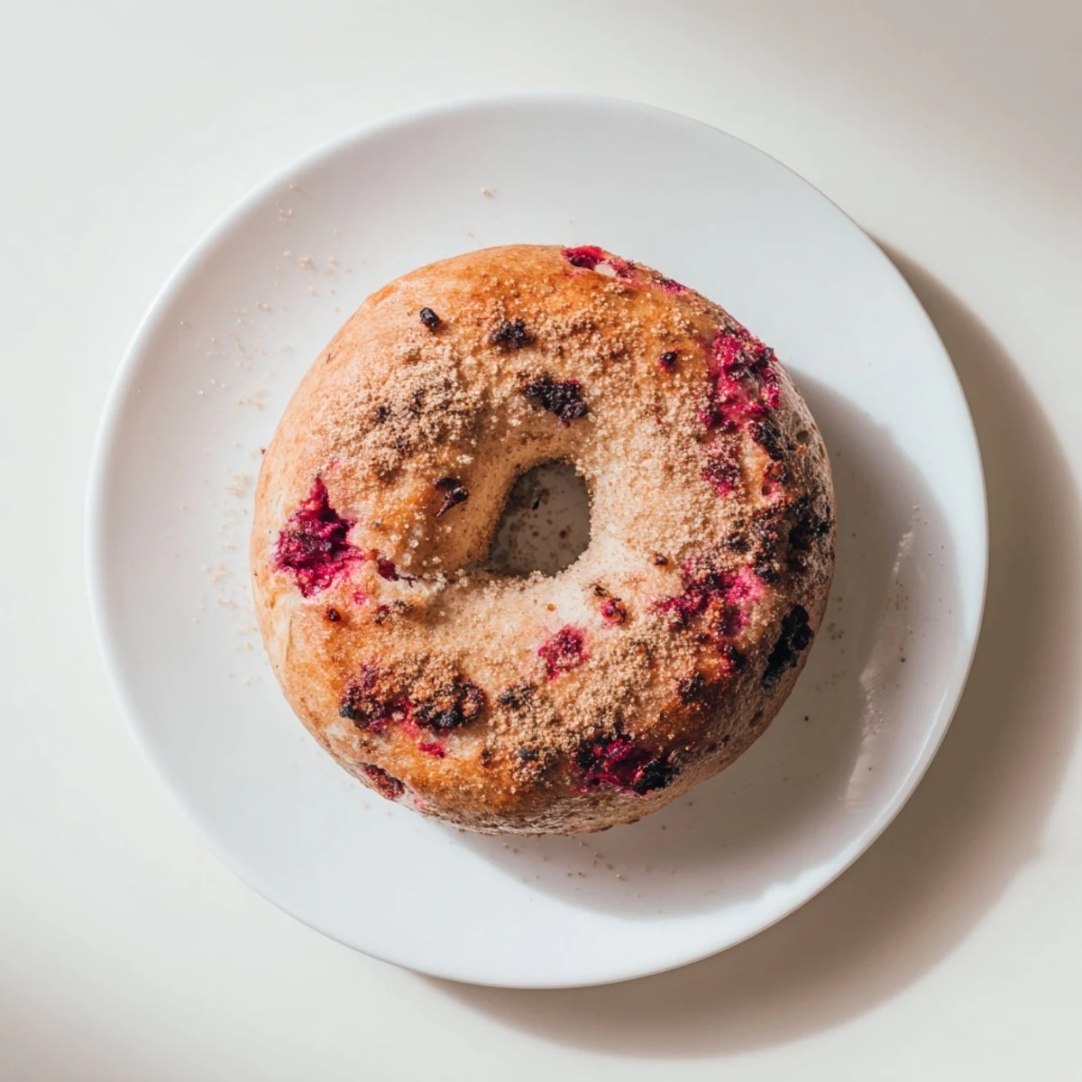 Homemade raspberry sourdough bagels topped with sparkling sugar on a cooling rack