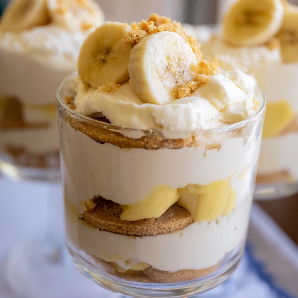 Creamy no bake banana pudding cheesecake cups layered with fresh banana slices and vanilla wafer crumbs