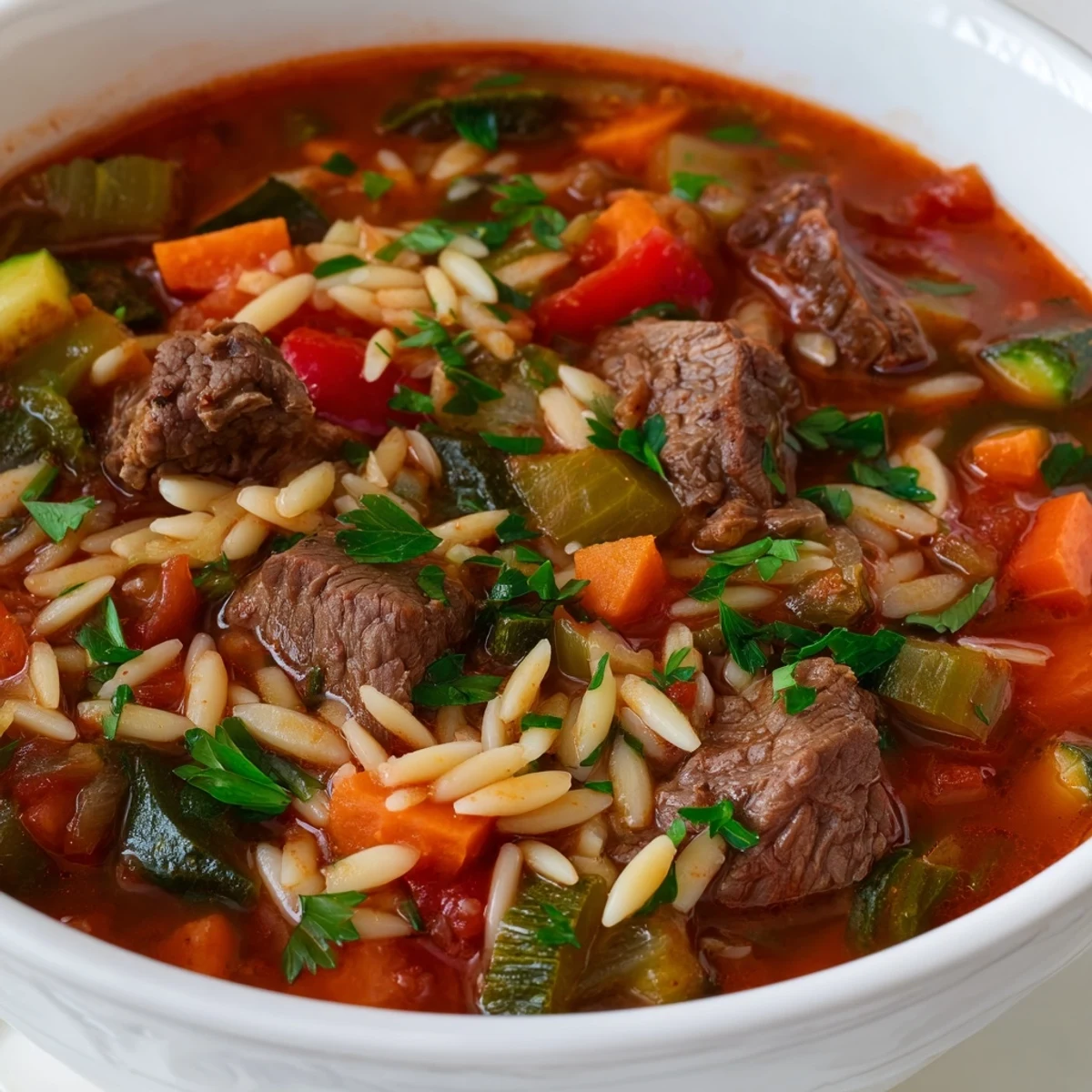 Hearty beef and orzo soup with tender meat and colorful vegetables in steaming savory broth