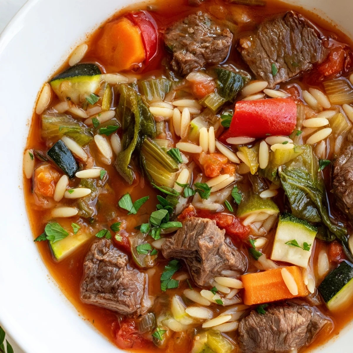 Warm bowl of hearty beef and orzo soup garnished with fresh parsley and garden veggies