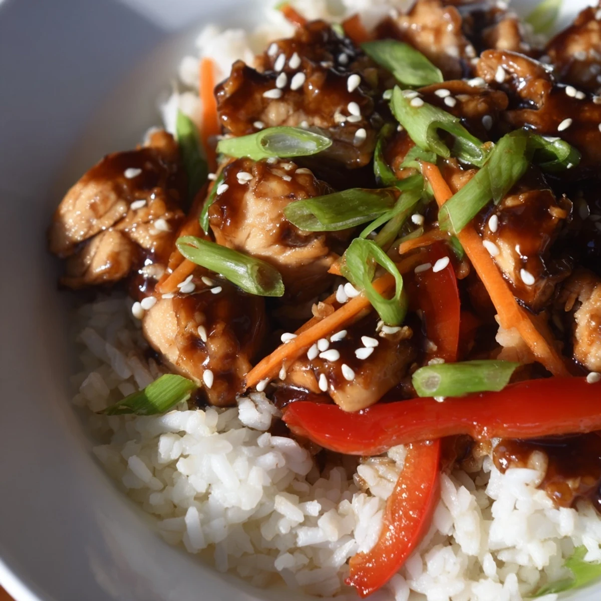 One Pan Korean BBQ Chicken and Rice in a skillet topped with sesame seeds and green onions