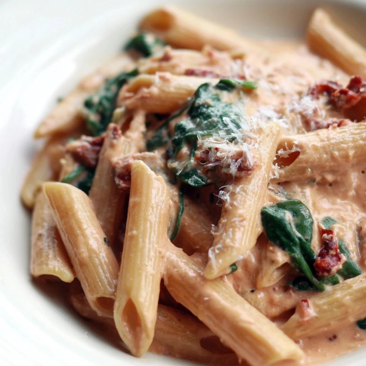 Creamy sun dried tomato spinach pasta in a rustic skillet with vibrant green wilted leaves