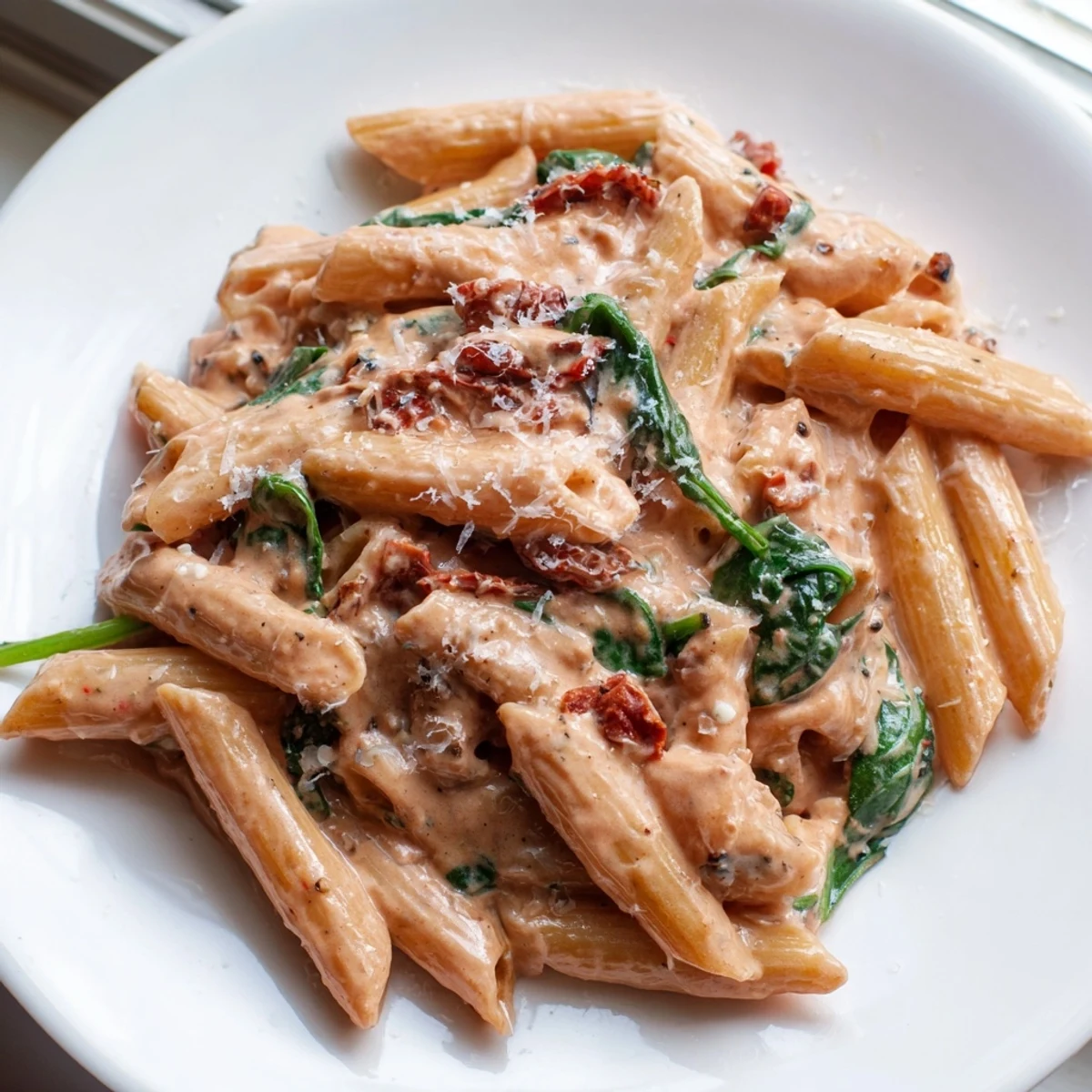 Steaming bowl of One Pan Creamy Sun Dried Tomato Spinach Pasta garnished with Parmesan