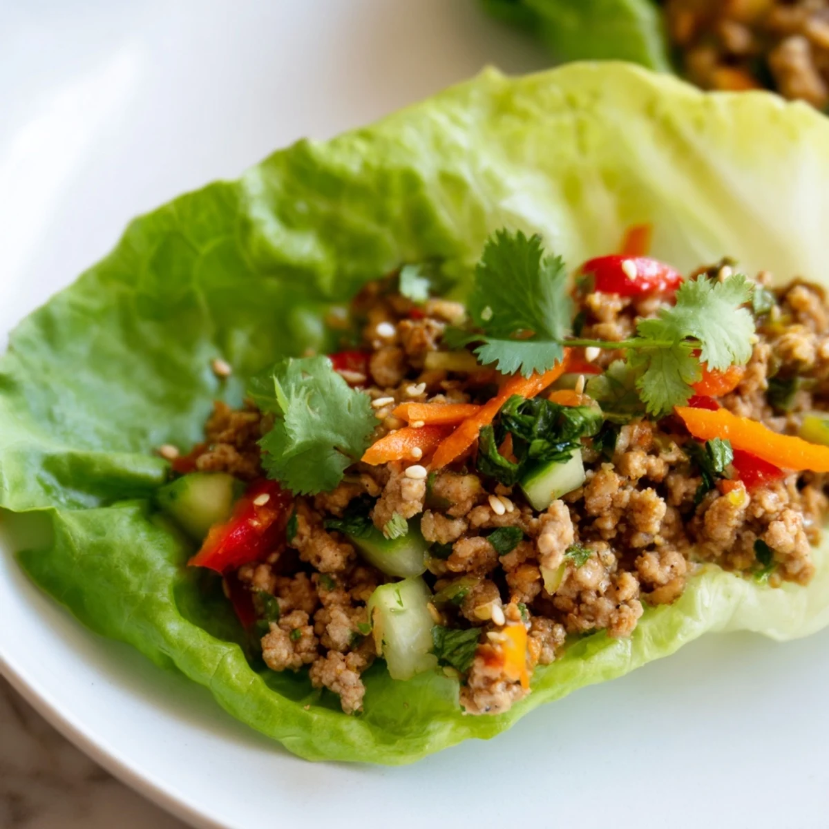 Seasoned ground turkey mixture served in crisp lettuce cups with fresh herbs