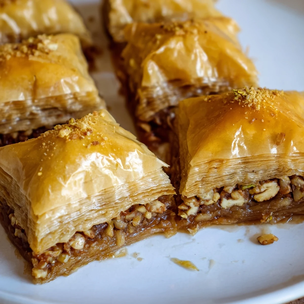 Golden Bosnian baklava diamonds glistening with sweet syrup on a decorative serving plate