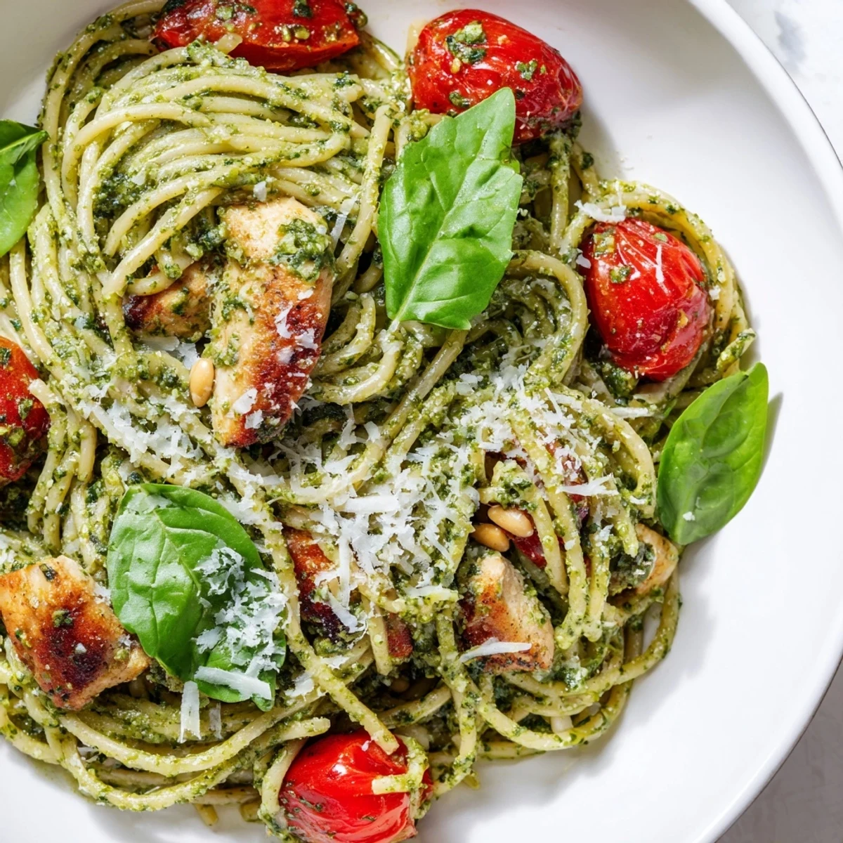 Creamy pesto pasta with chicken topped with fresh basil and grated Parmesan cheese
