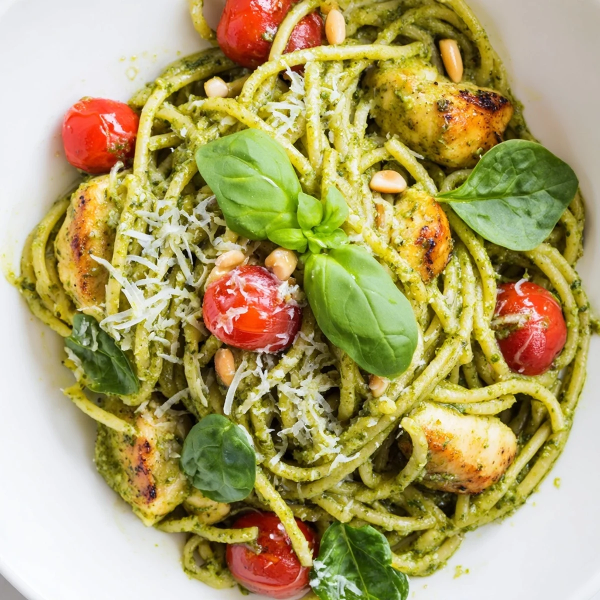 Tender chicken breast pieces tangled in bright green pesto coating al dente pasta noodles