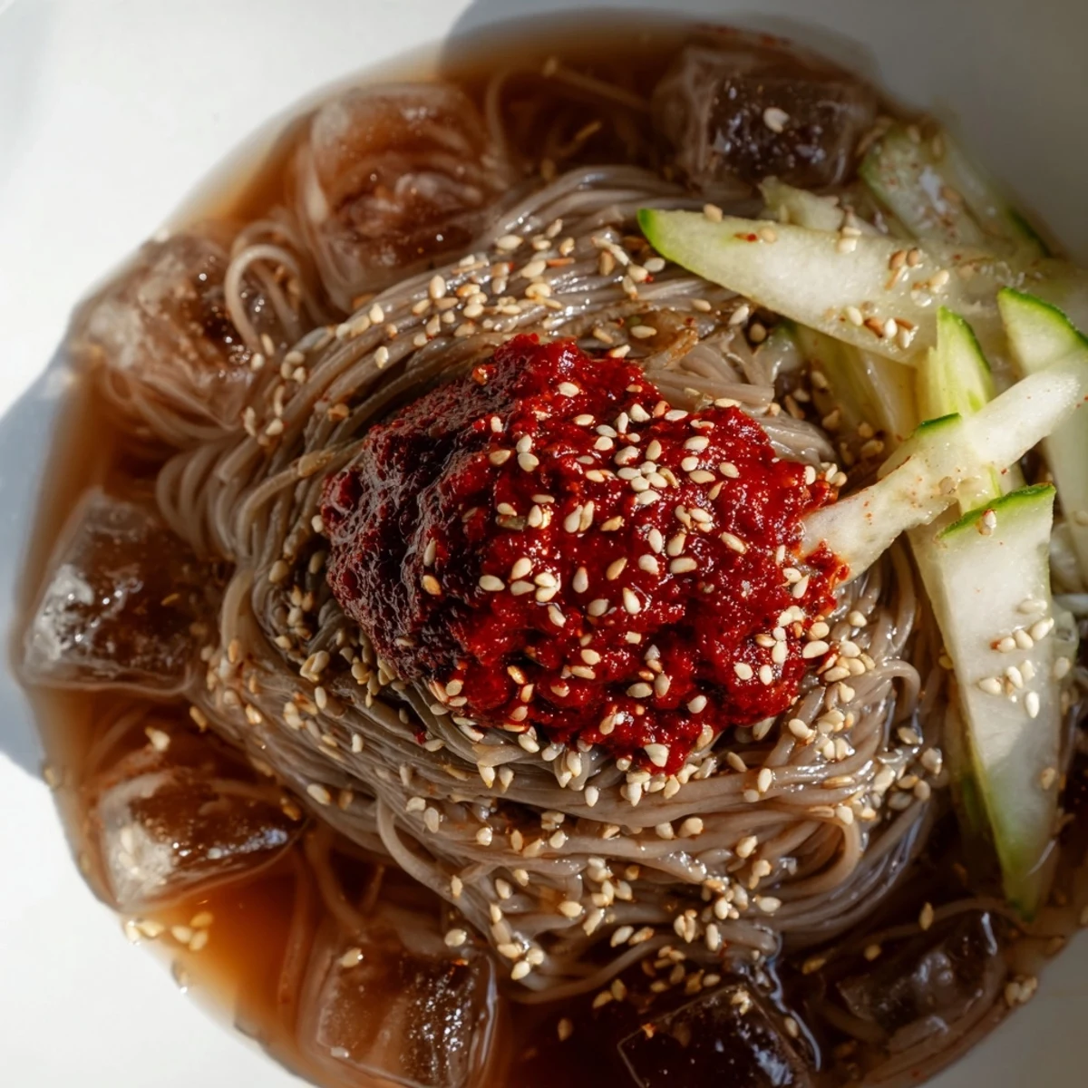 Chewy Korean naengmyeon cold noodle soup in tangy broth topped with sliced beef and egg