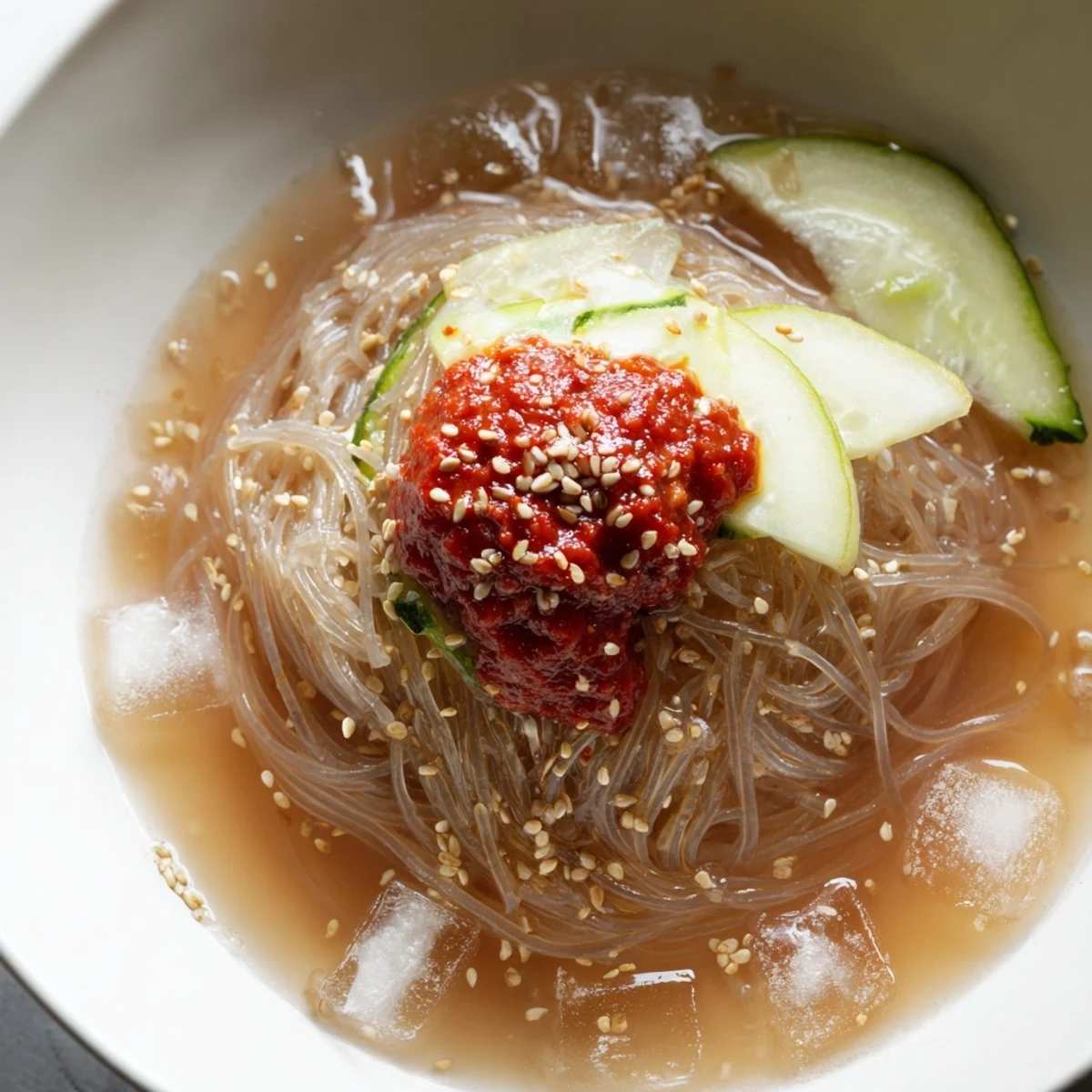 Ice-cold Korean naengmyeon cold noodle soup garnished with crisp cucumber, Asian pear, and sesame seeds