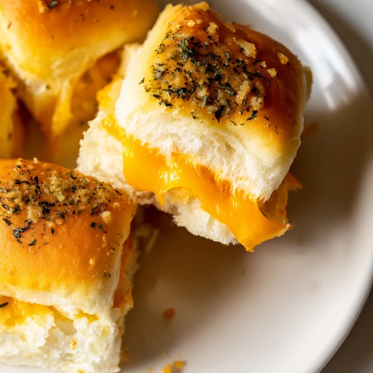 Golden mini grilled cheese Hawaiian rolls with bubbling cheddar, brushed with garlic butter