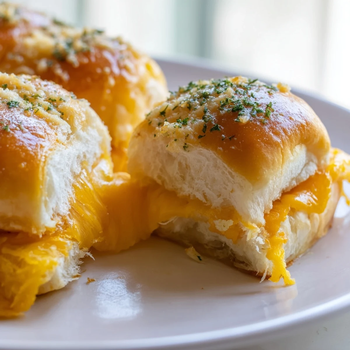 Crispy mini grilled cheese Hawaiian rolls cut apart revealing gooey melted cheese inside