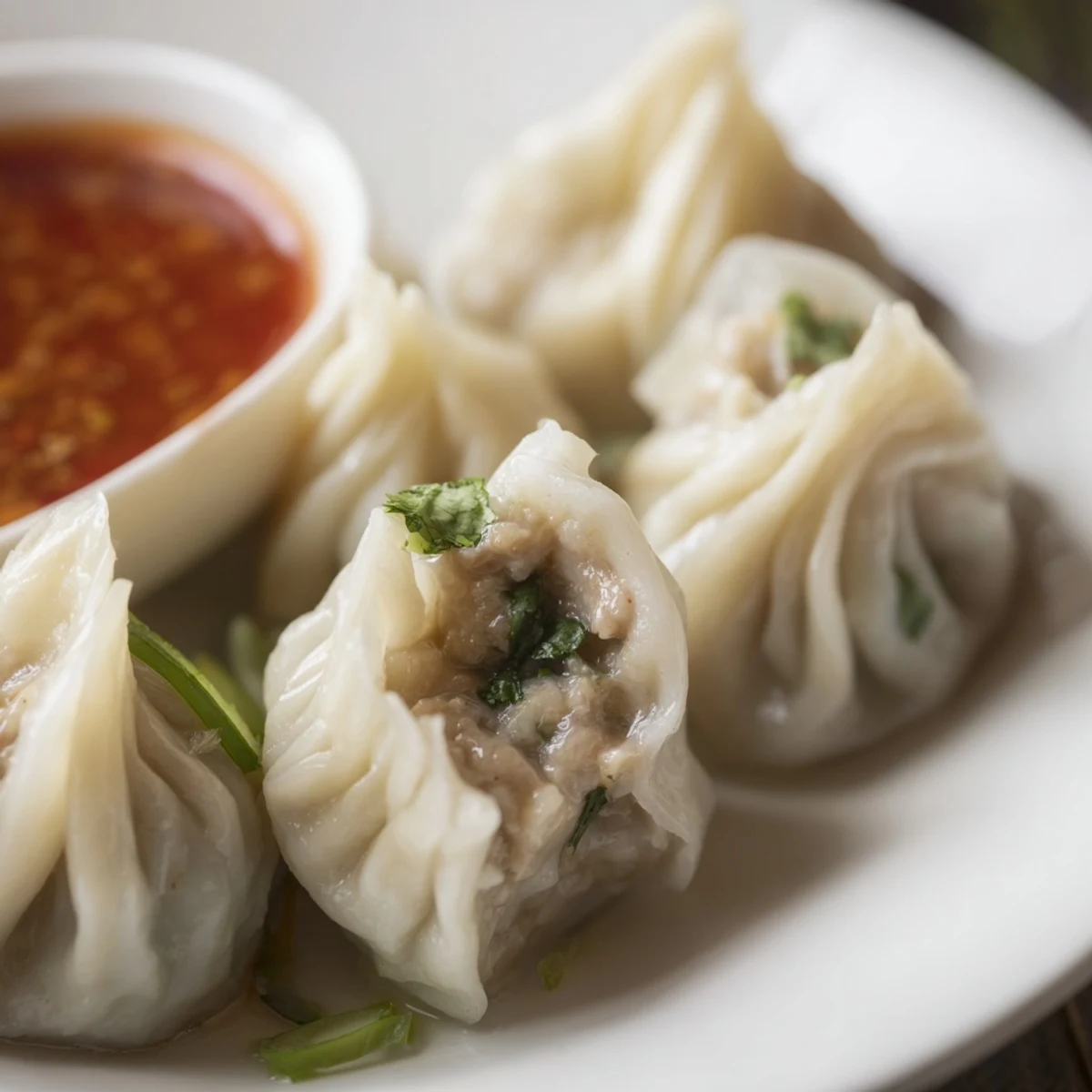 Steamed Nepali momo dumplings arranged on a bamboo tray with spicy tomato dipping sauce