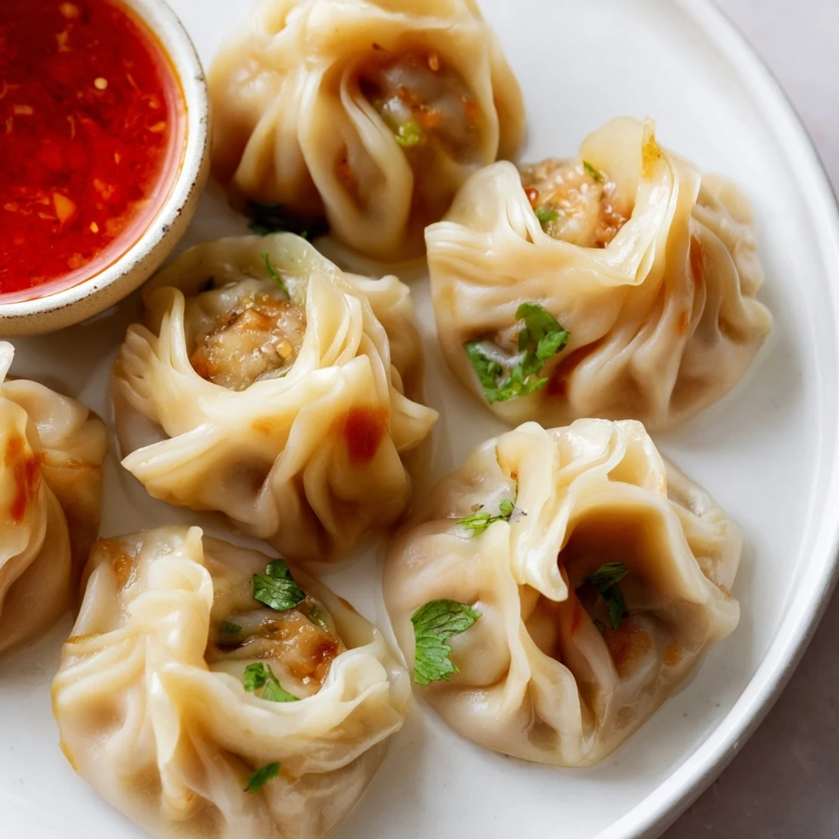 Golden steamer basket filled with freshly made Nepali momo dumplings garnished with cilantro