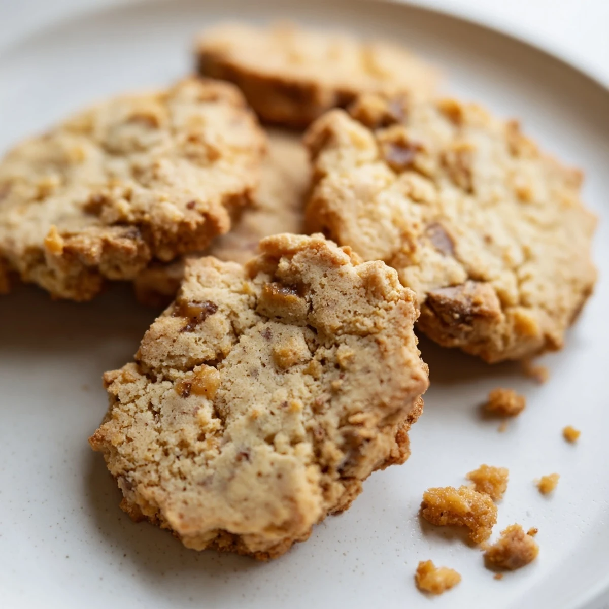 Crumbly espresso shortbread cookies with golden toffee chunks on a rustic baking sheet