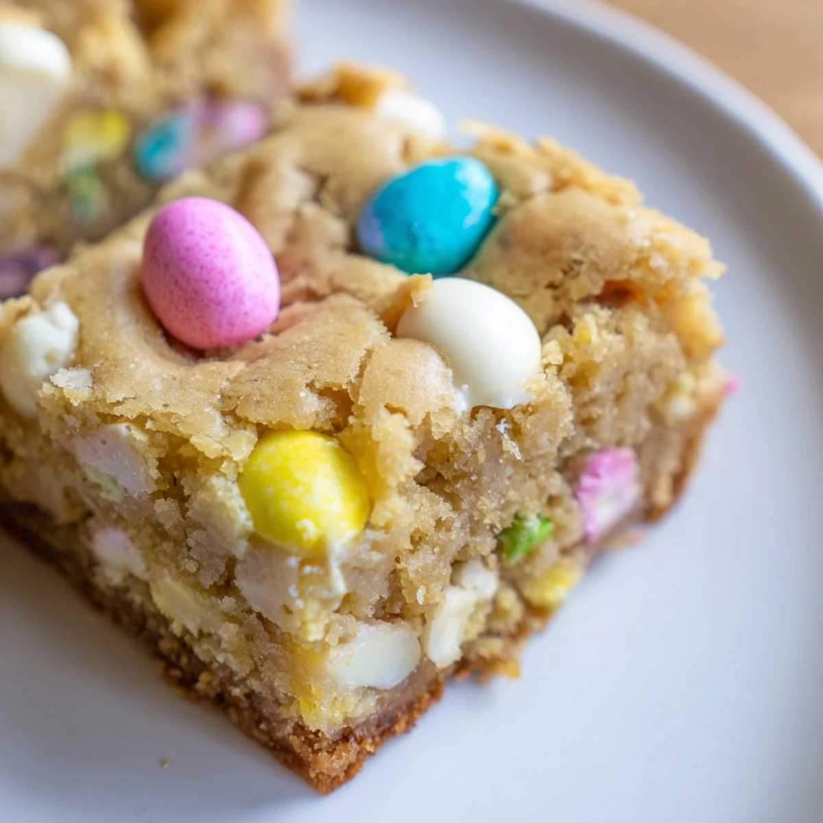 Chewy Mini Cadbury Easter Egg Blondies topped with colorful candy-coated chocolate eggs on a rustic cutting board