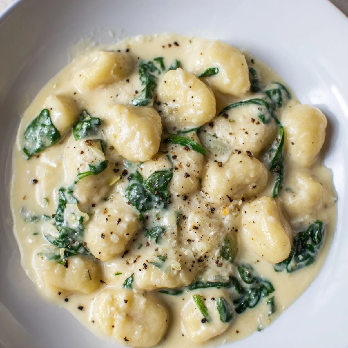 Creamy gnocchi with spinach and feta served in a bubbling white bowl