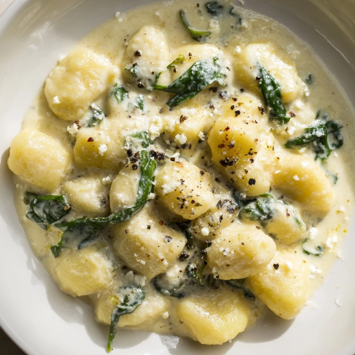 Steaming creamy gnocchi with spinach and feta topped with fresh cracked pepper
