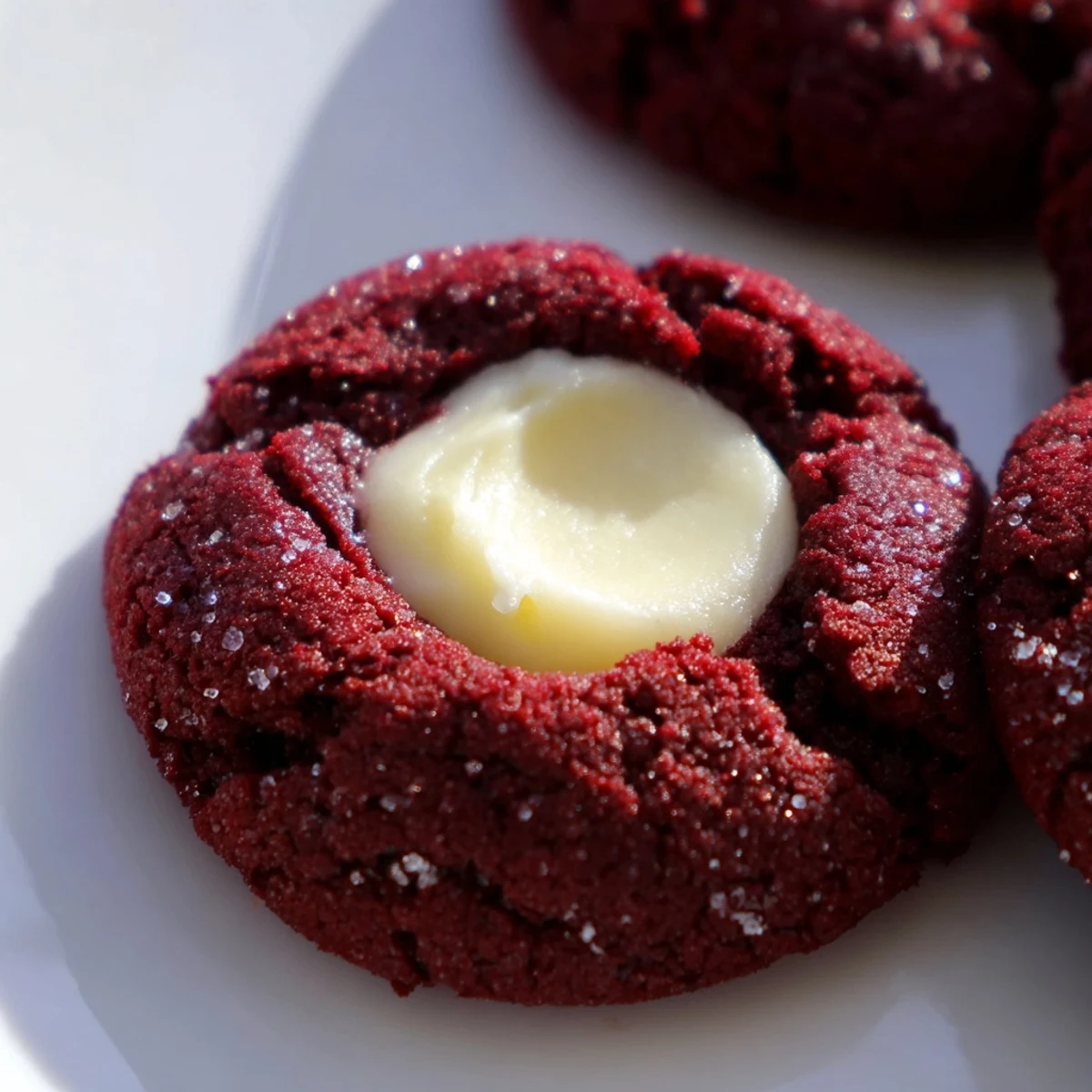 Red velvet thumbprint cookies with creamy cheesecake filling on a rustic white baking sheet