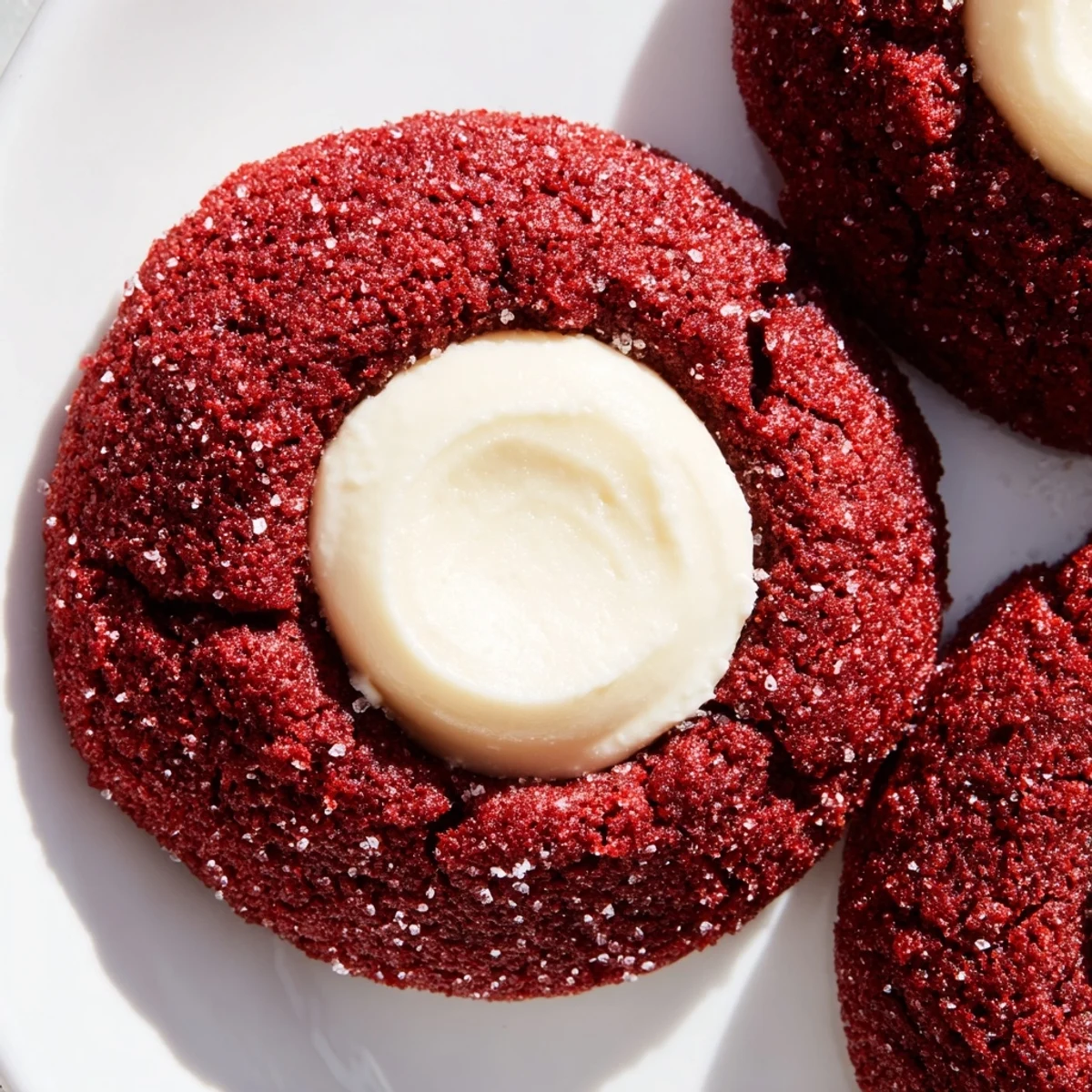 Vibrant red velvet thumbprint cookies showcasing tender cocoa centers dusted with powdered sugar