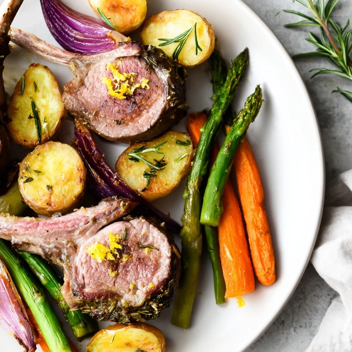 Golden herb-crusted lamb chops nestled with roasted vegetables on Easter dinner sheet pan