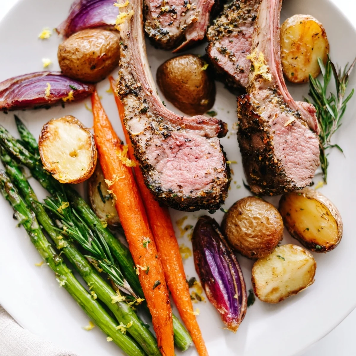 Perfectly roasted Easter dinner on a sheet pan with tender carrots and crispy potatoes