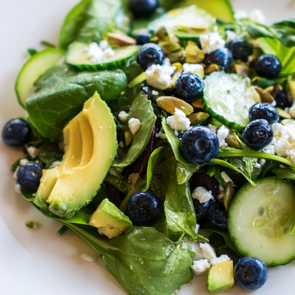 A vibrant blueberry pistachio spring salad tossed with creamy avocado and tangy lemon dressing.