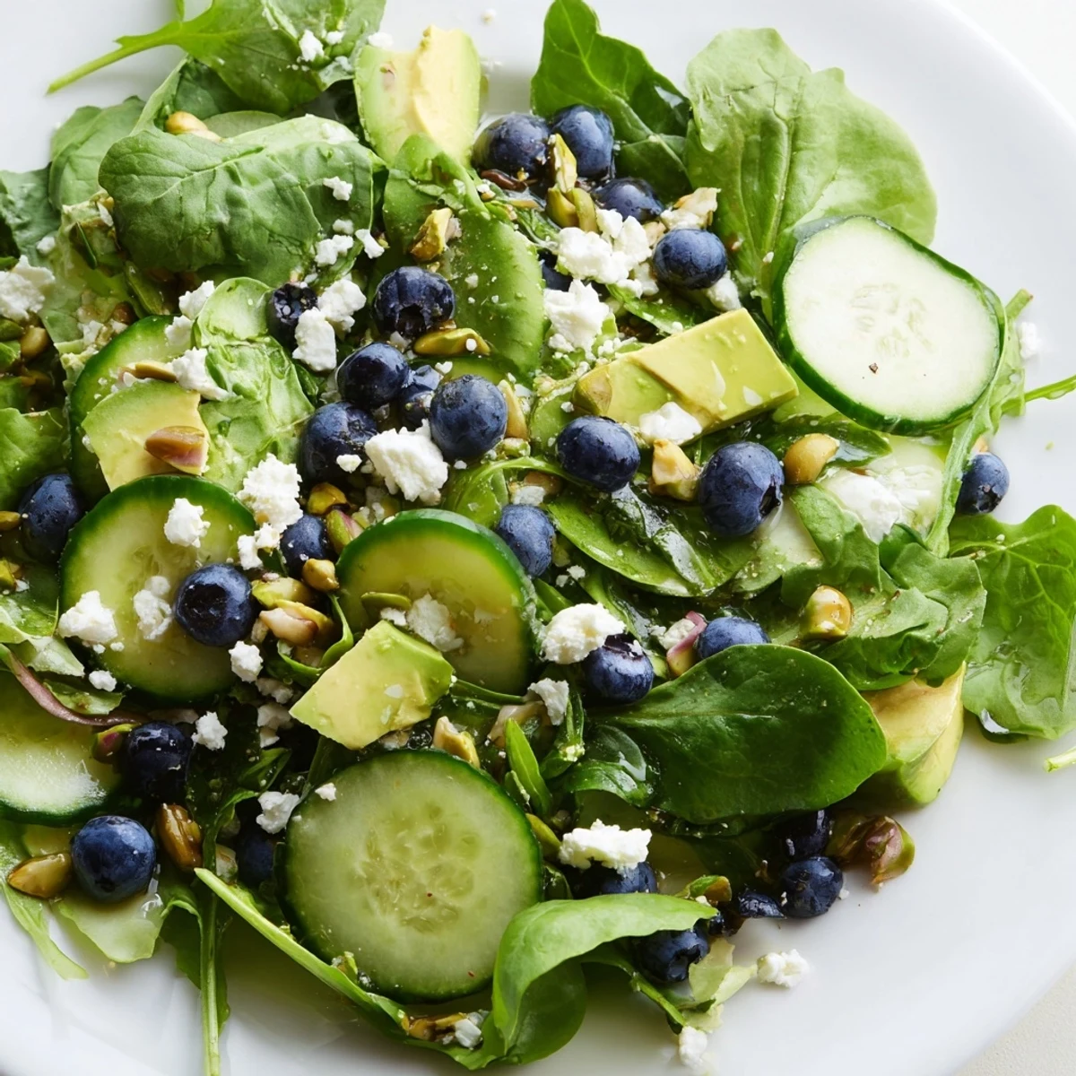 Blueberry pistachio spring salad topped with crumbled feta, fresh greens, and a drizzle of honey mustard dressing.