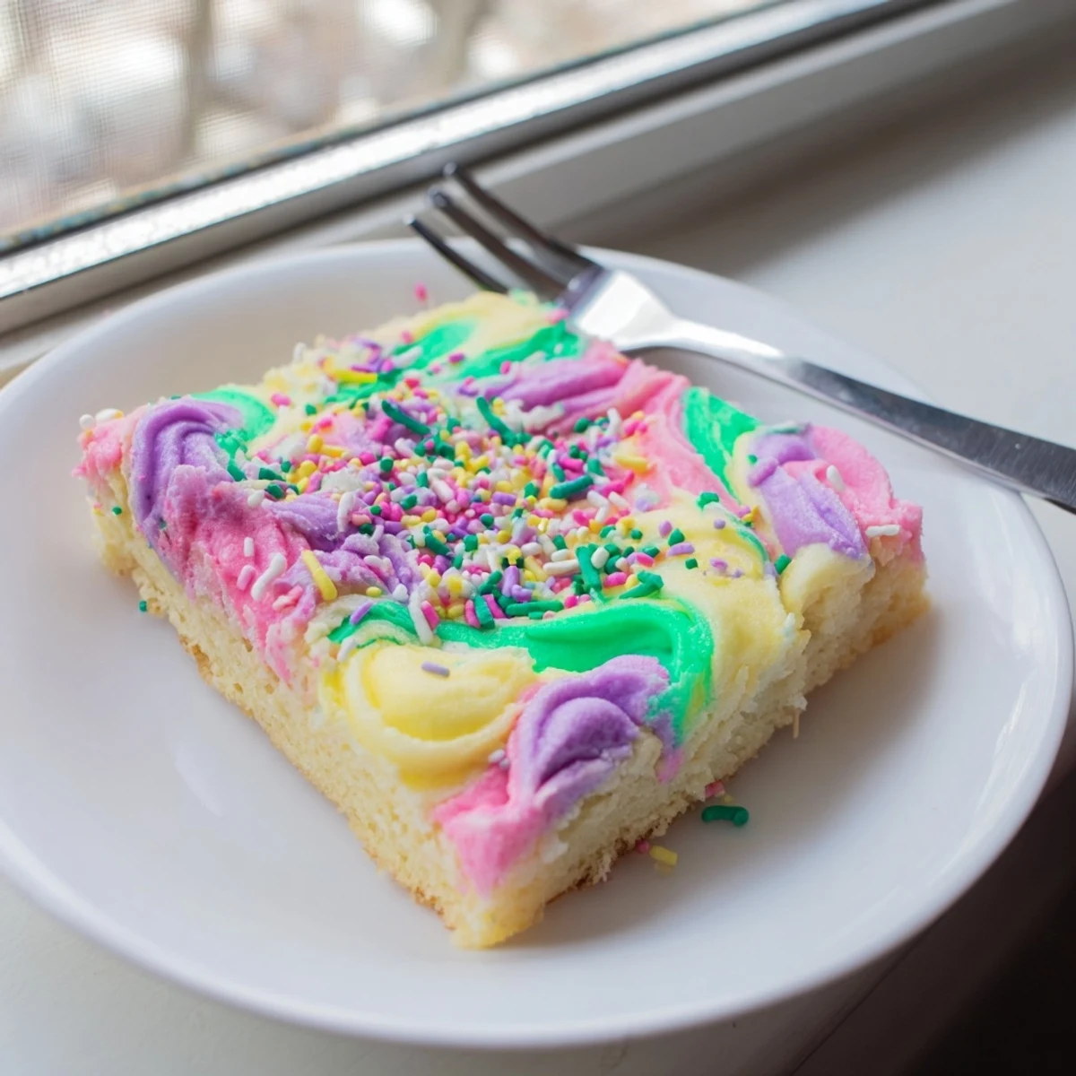 Soft Easter sugar cookie bars with swirled pastel frosting and colorful sprinkles on a white platter