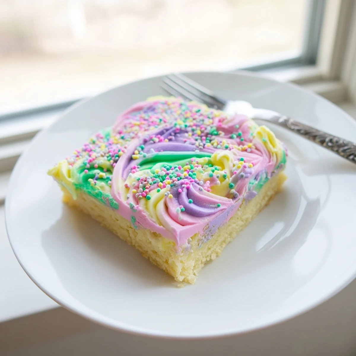 Thick-cut Easter sugar cookie bars showing tender golden centers beneath creamy pink and yellow frosting