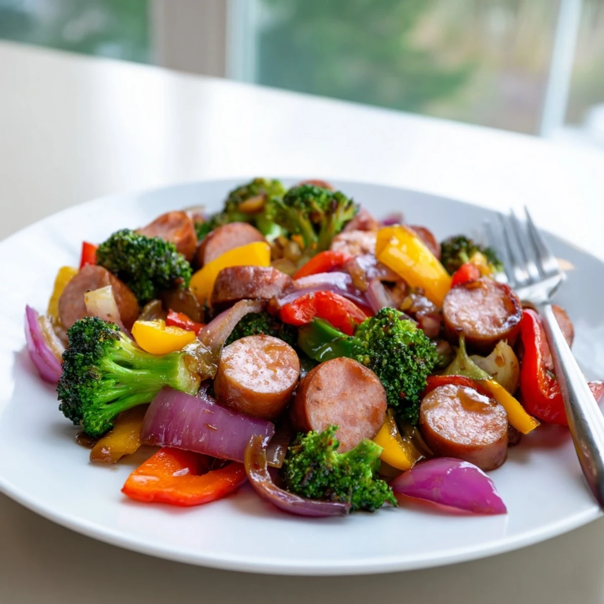 Golden honey garlic kielbasa with colorful roasted vegetables on a sheet pan