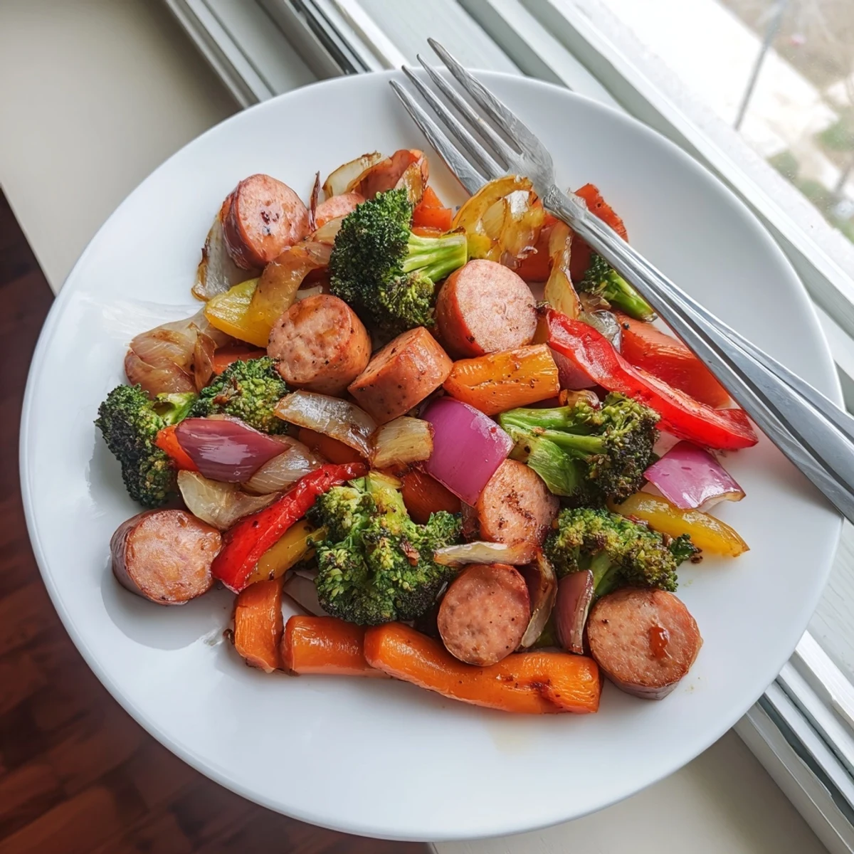 Smoky sliced kielbasa and tender crisp veggies coated in sticky honey garlic glaze