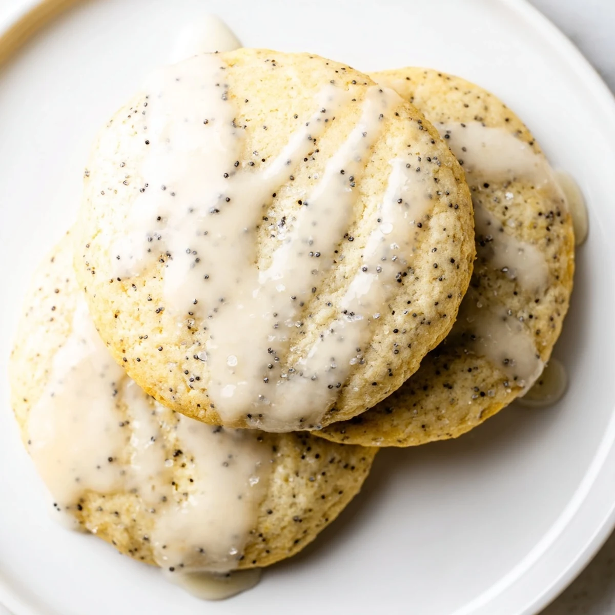 Chewy lemon poppy seed cookies speckled with tiny black seeds arranged on a white ceramic platter