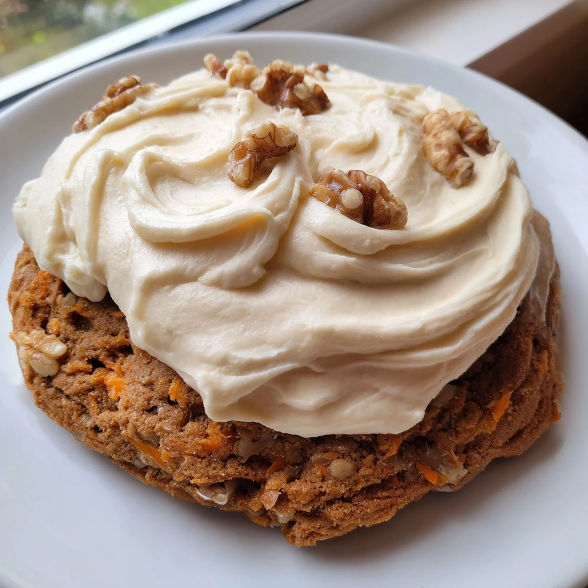 Thick and chewy Crumbl carrot cake cookies topped with swirled vanilla cream cheese icing