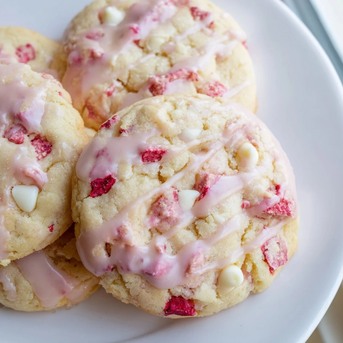Chewy strawberry lemonade cookies with pink strawberry bits and sweet lemon glaze drizzled on top