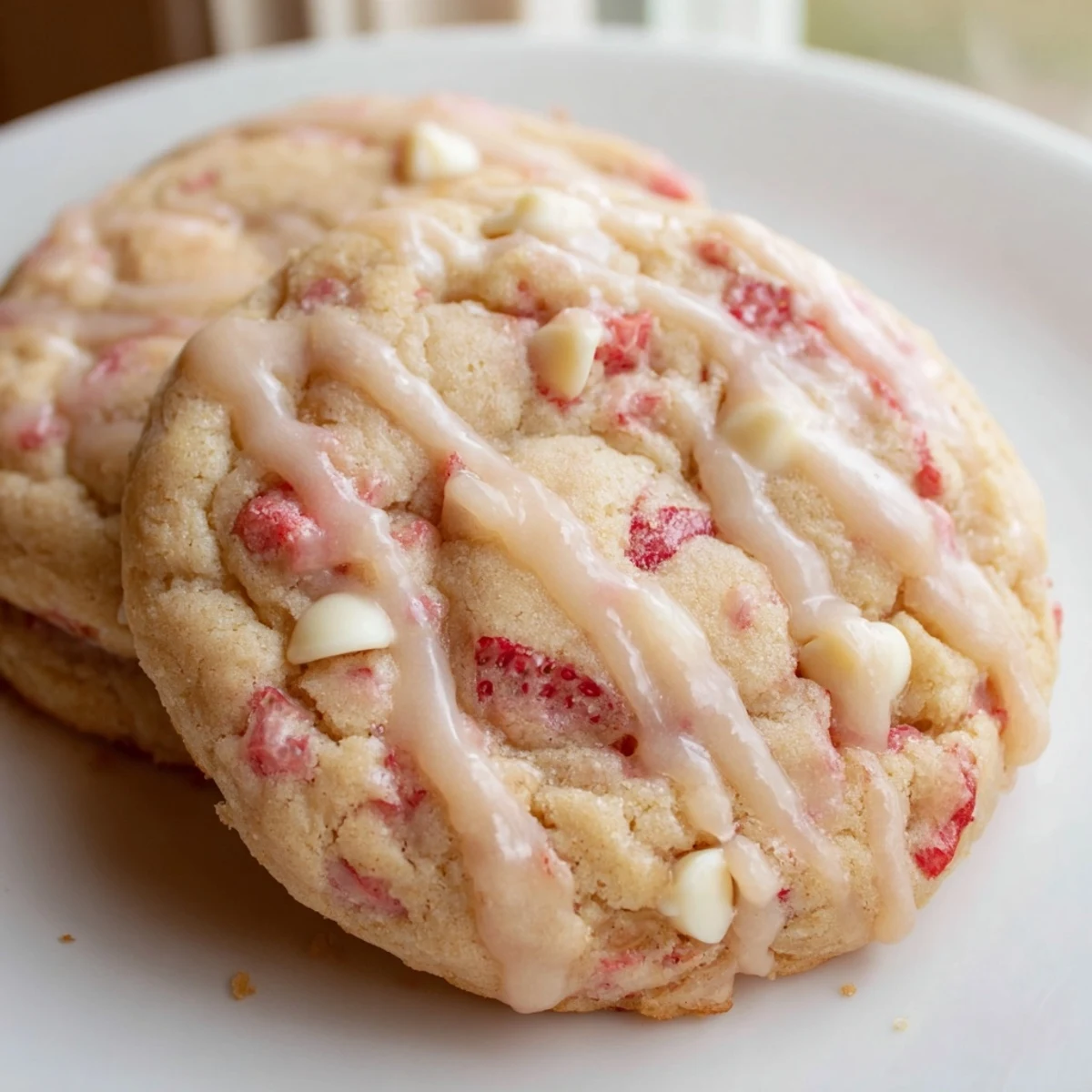 Golden strawberry lemonade cookies fresh from the oven with specks of real strawberry throughout