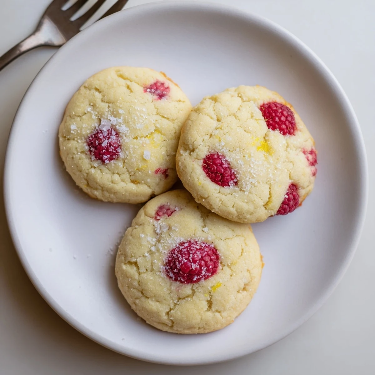 Soft Lemon Raspberry Cookies with golden edges and juicy berry pieces on rustic parchment paper