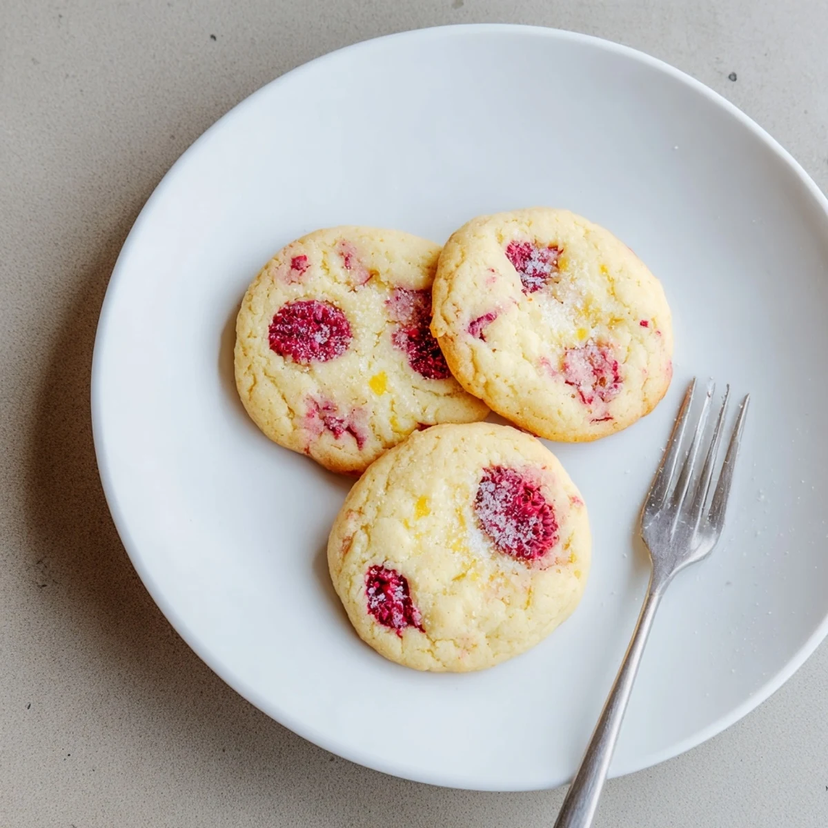 Fresh Lemon Raspberry Cookies arranged on white plate with powdered sugar dusting