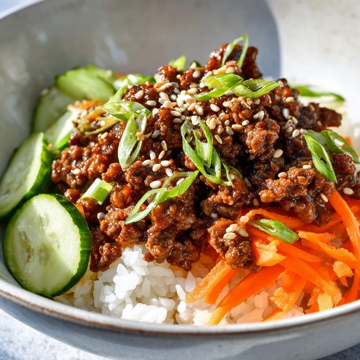 Savory Korean beef bowls topped with crisp vegetables and sesame seeds over fluffy white rice