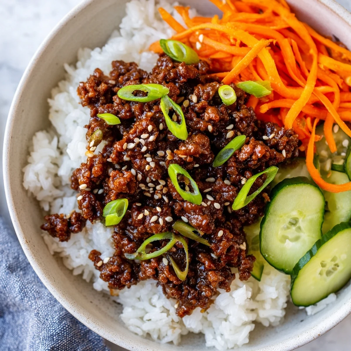 Warm Korean beef bowls garnished with scallions kimchi and toasted sesame seeds ready to serve