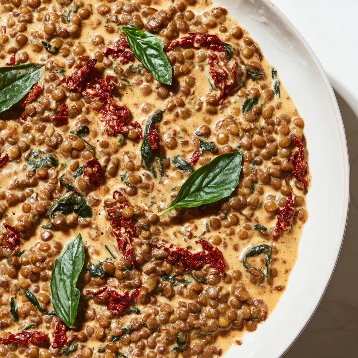 Creamy Marry Me Lentils served in a rustic bowl with fresh basil garnish