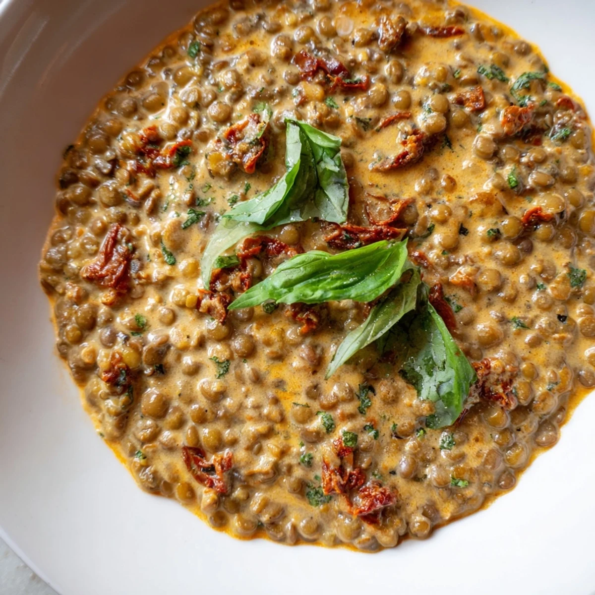Sun-dried tomato creamy Marry Me Lentils topped with grated Parmesan cheese