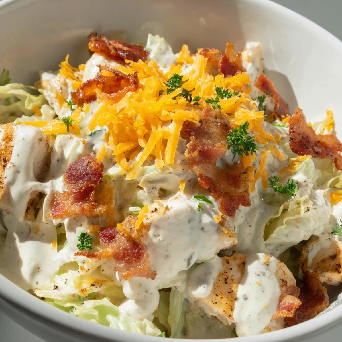 Creamy chicken bacon ranch cabbage bowls topped with melted cheddar and fresh green onions