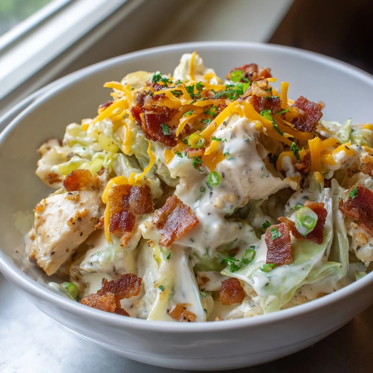 Tender chicken and crispy bacon tangled in cabbage with creamy ranch sauce close-up view