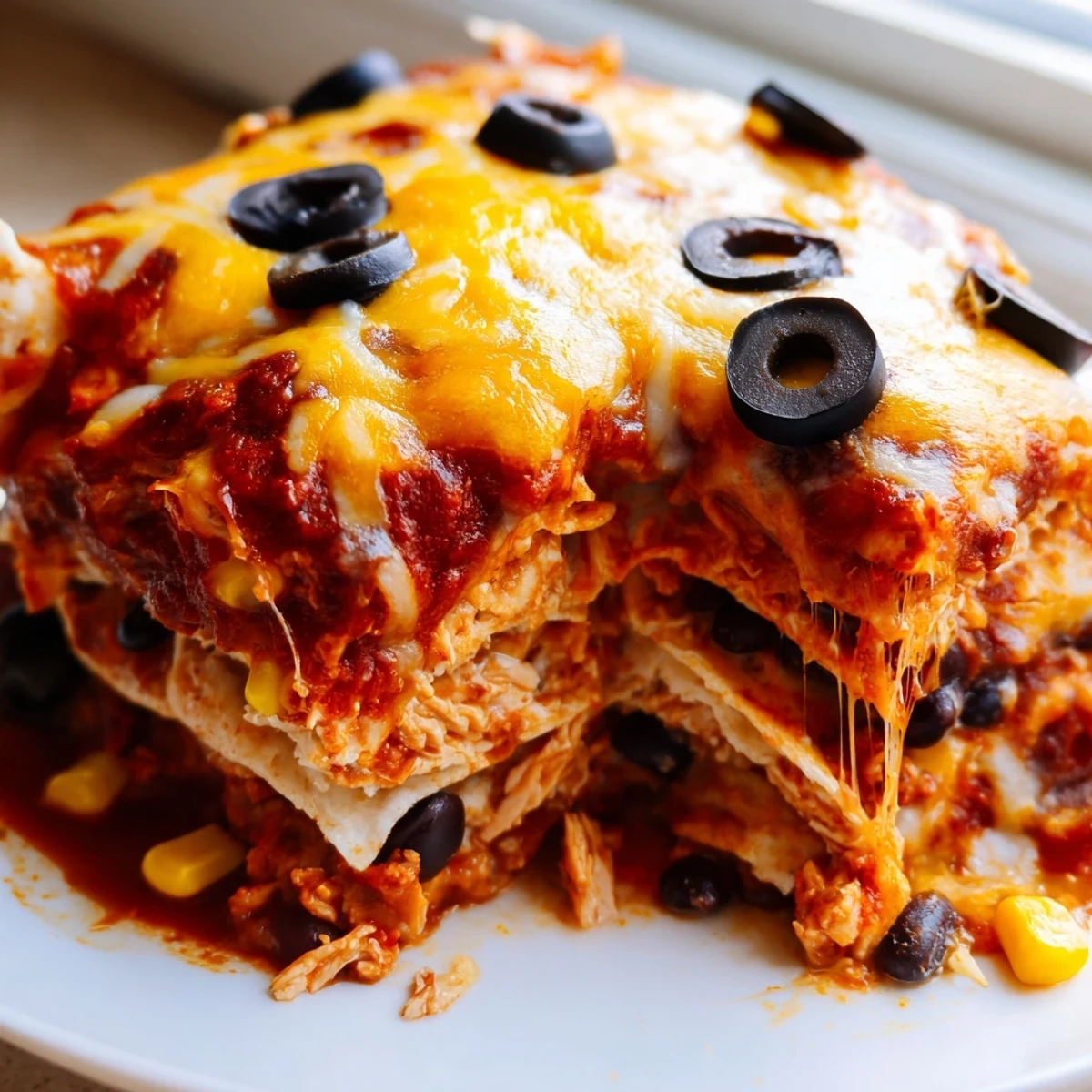 Golden bubbly cheese tops this cheesy shredded chicken enchilada bake fresh from the oven