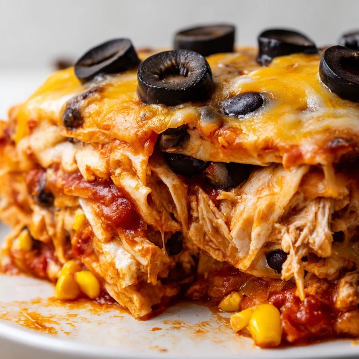Spoon lifts a hearty portion of cheesy shredded chicken enchilada bake with melty cheese